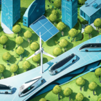 A futuristic cityscape featuring a network of sleek electric vehicles, solar-powered buses, and flying drones amidst lush greenery, with vibrant wind turbines and solar panels integrated into the architecture, showcasing a harmonious blend of technology and nature in renewable energy transportation.